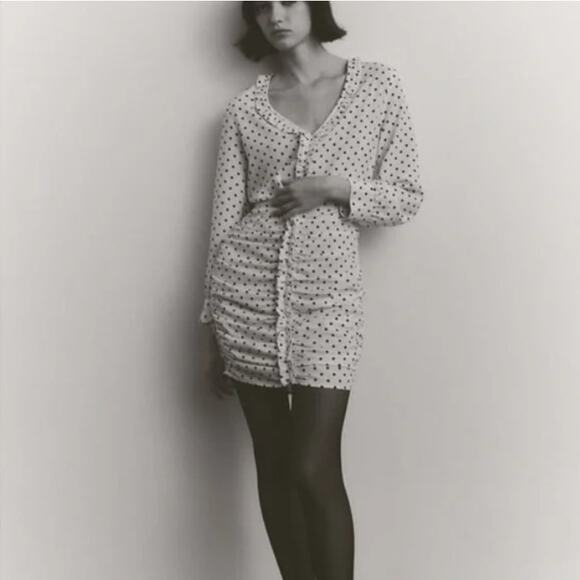 Zara Ecru White Black Polka Dot Ruched Front Long Sleeve Mini Dress - Picture 10 of 10